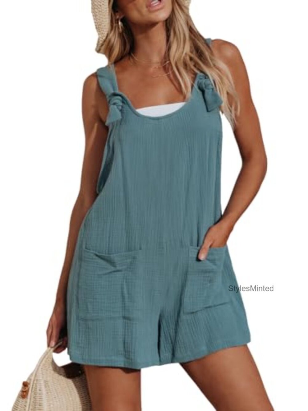 Women's Tie Strap Short Overalls Sleeveless Romper 100% Cotton Summer